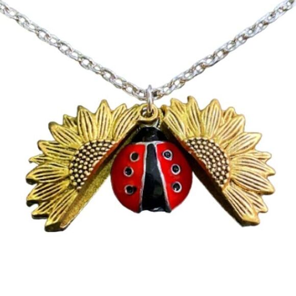 NEW Cute Gold Sunflower Opens to Red Ladybug Locket Necklace Gardening Summer - Picture 2 of 7